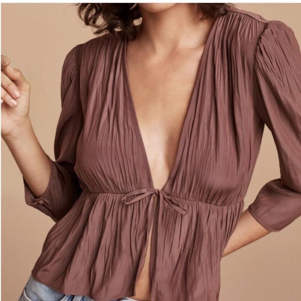 Aritzia Wilfred Shanina Tie-Front Blouse 3/4 Sleeve Silky Top Size Small